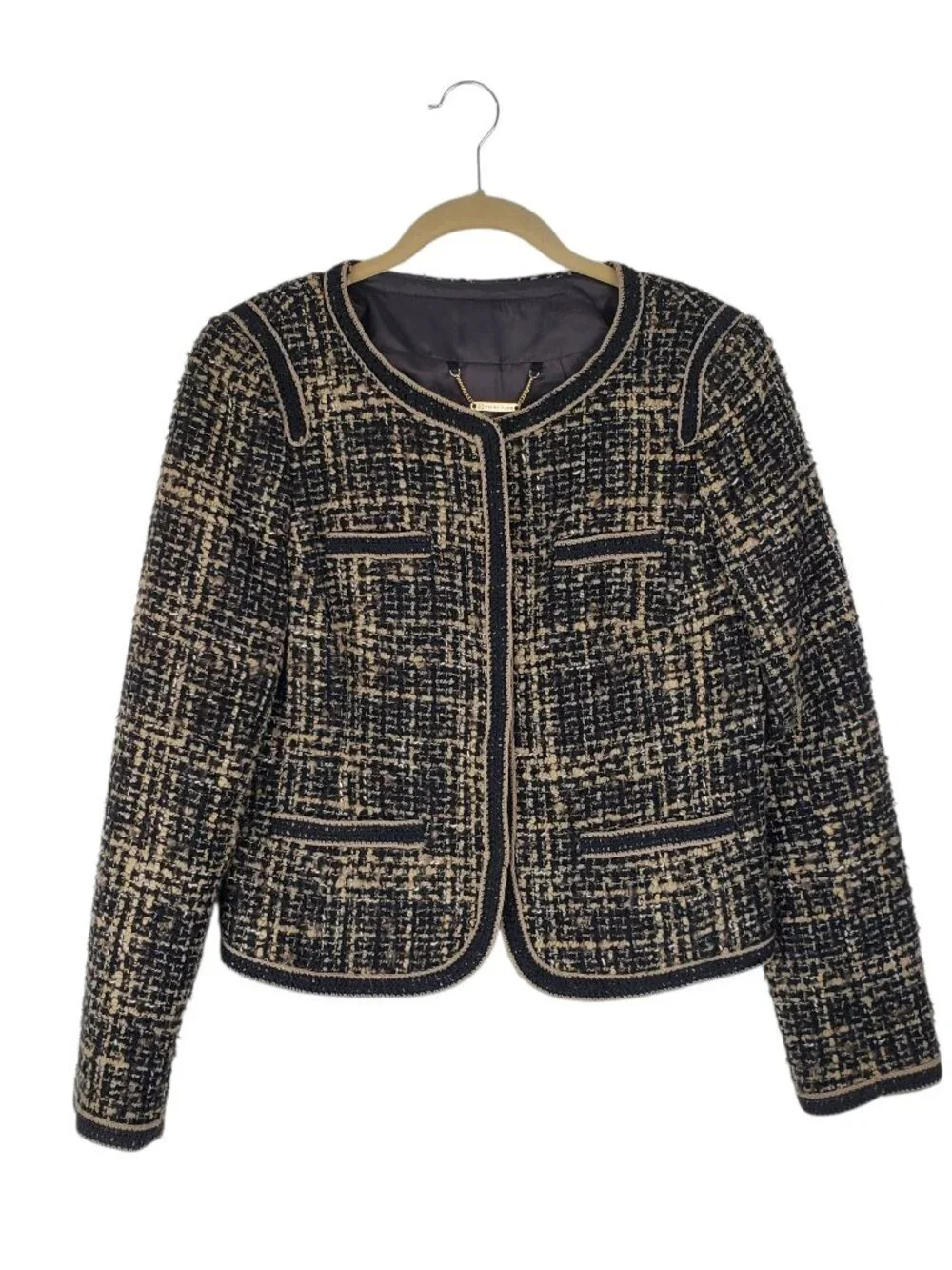 Trina Turk Black & Tan Tweed Boucle Blazer Classic Crew Neck Jacket Womens 8